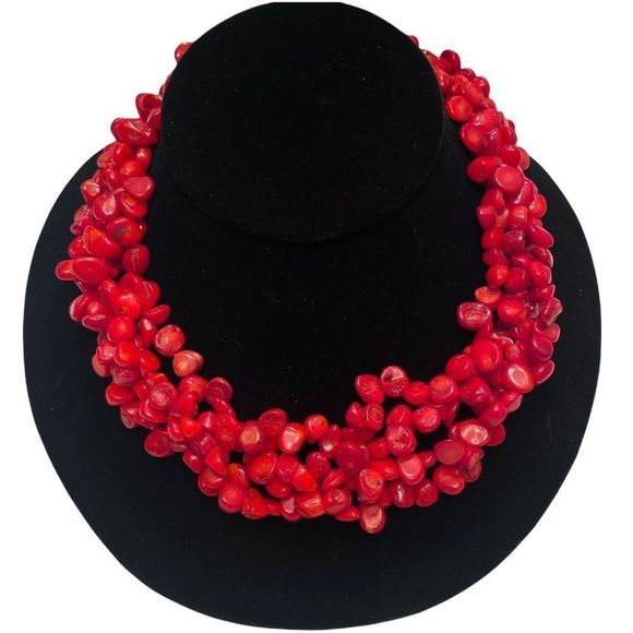 Vintage Sterling 925 4 Strand Red Coral Necklace - Picture 1 of 11